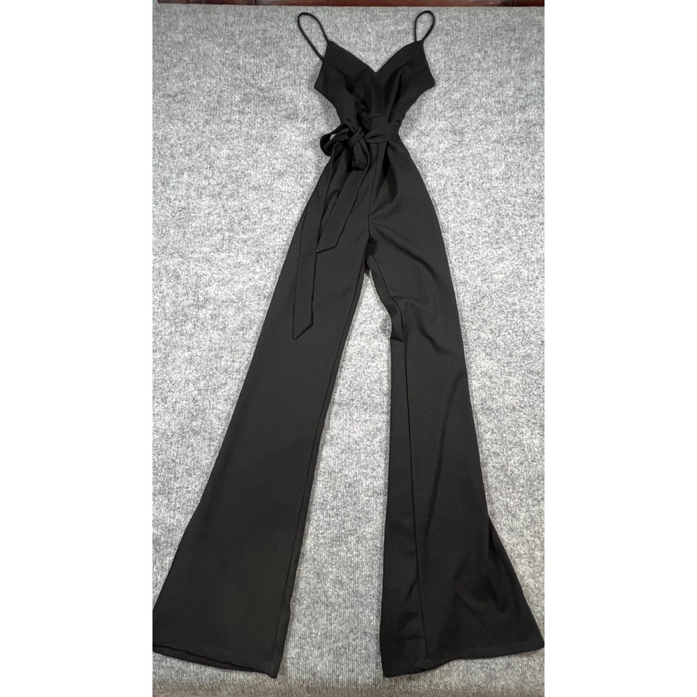 Blue Blush Jumpsuit Womens M Black‎ Stretch Tie Front Spaghetti Strap Wide Leg